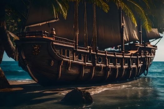 a pirate ship is on the beach near palm trees. AI-Generated photo