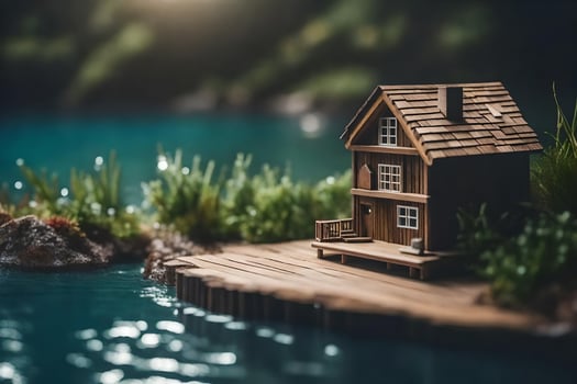a miniature house on a small island by the water. AI-Generated photo
