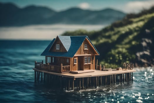 a miniature house on a pier in the ocean. AI-Generated photo