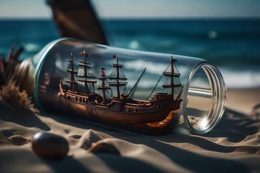a ship in a bottle on the beach. AI-Generated photo