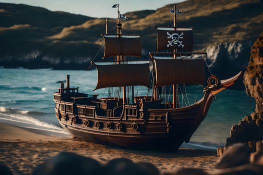 a pirate ship is on the beach near the ocean. AI-Generated photo
