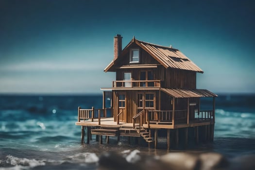 a miniature house on the beach with a wooden deck. AI-Generated photo