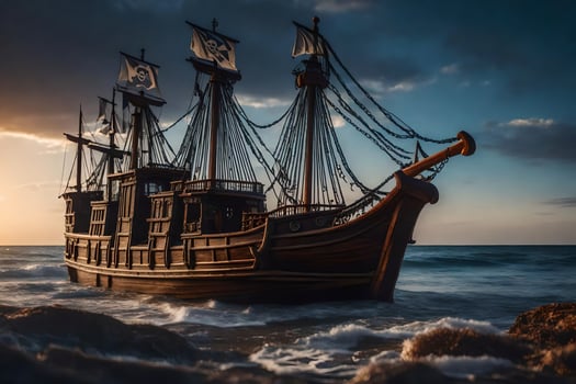 a pirate ship in the ocean at sunset. AI-Generated photo