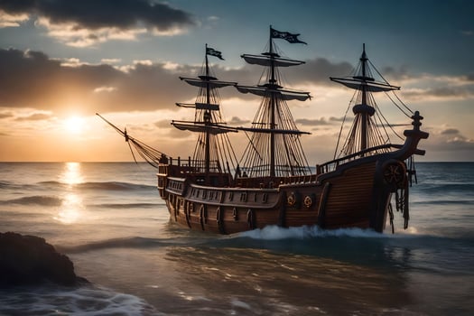 a pirate ship in the ocean at sunset. AI-Generated photo