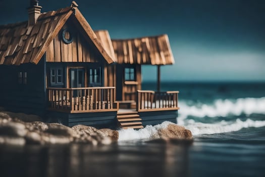 a miniature house on the beach with a wooden roof. AI-Generated photo