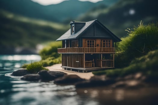 a miniature house on the shore of a lake. AI-Generated photo