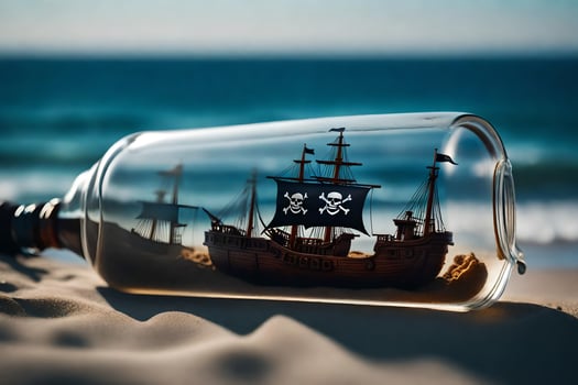ship in a bottle on the beach. AI-Generated photo