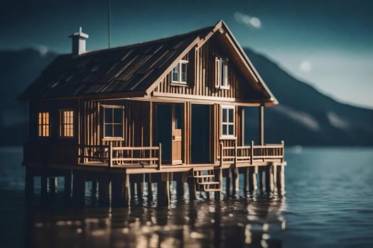 a small wooden house in the middle of the water. AI-Generated photo