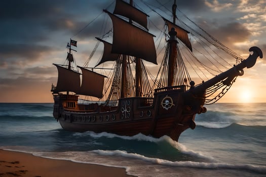a pirate ship is sailing on the ocean at sunset. AI-Generated photo