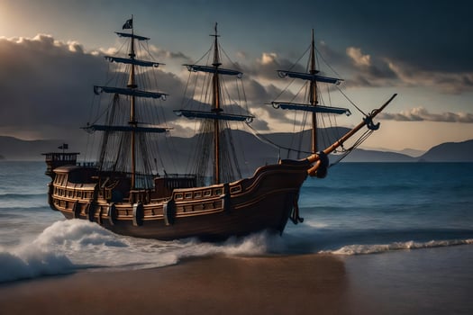 a pirate ship on the beach. AI-Generated photo