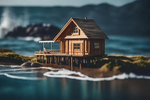 a miniature wooden house on the beach. AI-Generated photo