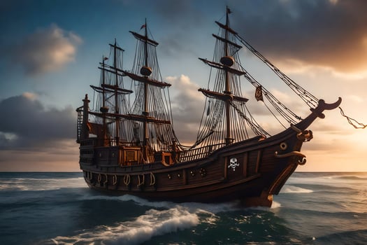 a pirate ship in the ocean at sunset. AI-Generated photo