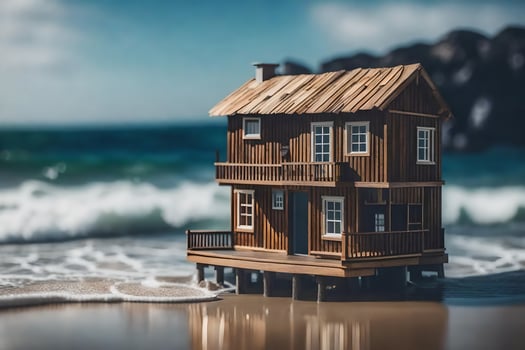 a miniature wooden house on the beach. AI-Generated photo