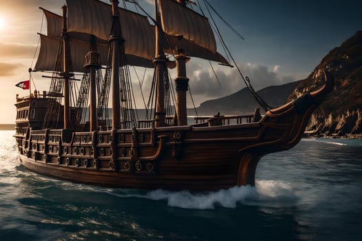 a wooden ship in the ocean at sunset. AI-Generated photo