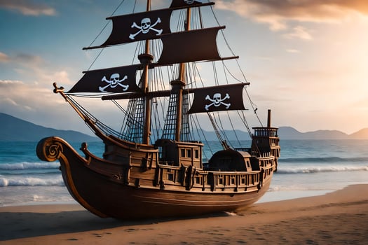 a pirate ship on the beach at sunset. AI-Generated photo