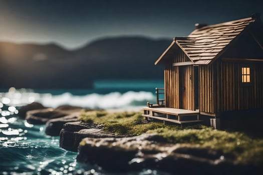 a miniature house on the shore of the ocean. AI-Generated photo