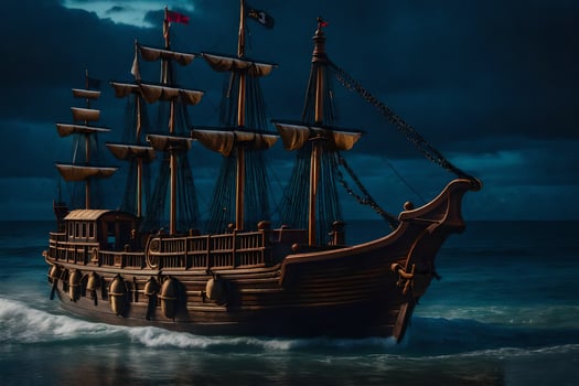a pirate ship in the ocean at night. AI-Generated photo
