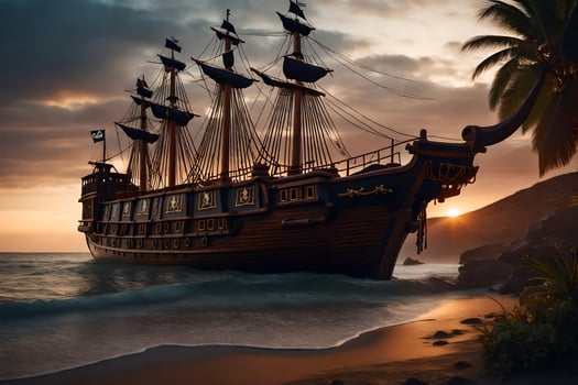 a pirate ship is on the beach at sunset. AI-Generated photo
