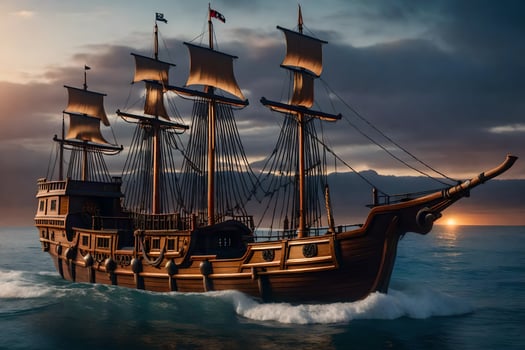 a pirate ship in the ocean at sunset. AI-Generated photo