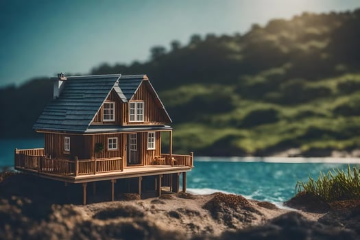 a miniature house on a small island by the ocean. AI-Generated photo