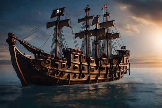 a pirate ship in the ocean at sunset. AI-Generated photo
