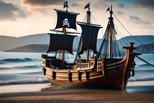 a pirate ship on the beach with a sunset. AI-Generated photo