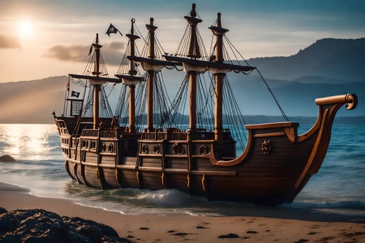 a pirate ship on the beach at sunset. AI-Generated photo
