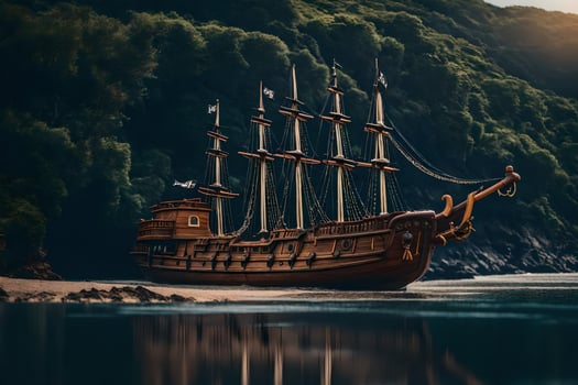 a wooden ship in the ocean near a mountain. AI-Generated photo