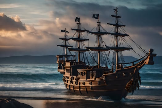 a pirate ship is on the beach at sunset. AI-Generated photo