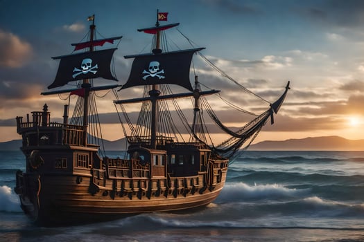 a pirate ship in the ocean at sunset. AI-Generated photo