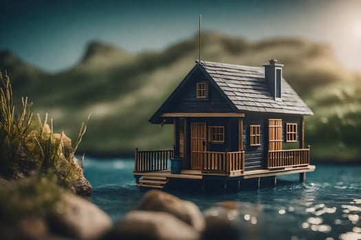 a miniature house on a small island in the water. AI-Generated photo