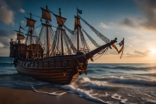 a pirate ship on the beach at sunset. AI-Generated photo