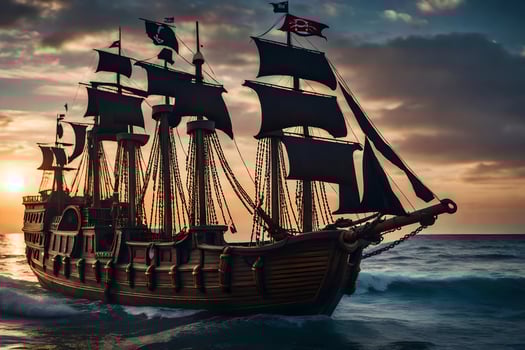 a pirate ship in the ocean at sunset. AI-Generated photo