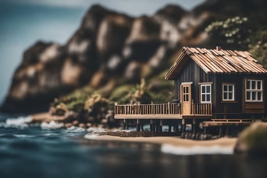 a miniature house on the beach by the water. AI-Generated photo