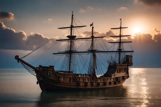 a pirate ship in the ocean at sunset. AI-Generated photo