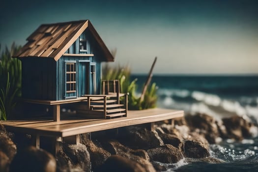 a miniature house on a pier by the ocean. AI-Generated photo