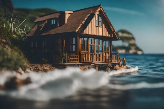 a miniature house on the beach by the ocean. AI-Generated photo