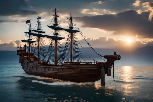 a pirate ship in the ocean at sunset. AI-Generated photo