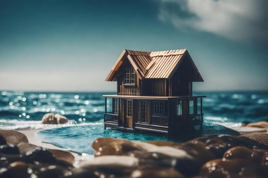 a miniature house on the beach by the ocean. AI-Generated photo