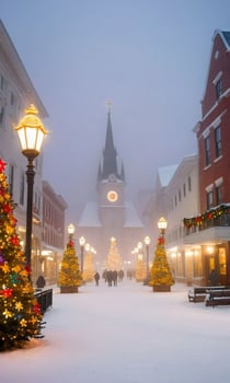 A Foggy Morning View Of A Snowy Town Square With Buildings Adorned By Colorful Christmas Lights Golden Stars And Wreaths. AI Generated photo