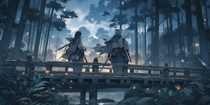 painting of two samurai fighting on a bridge, ai generative photo