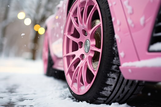 side view of wheels with winter tires on a pink car on a snowy road photo