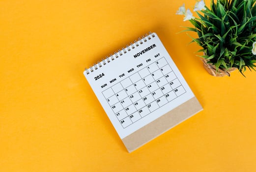 November 2024 desk calendar on yellow background. Directly above. Flat lay. photo