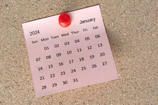 January 2024 calendar on sticky note. Reminder and 2024 new year concept photo