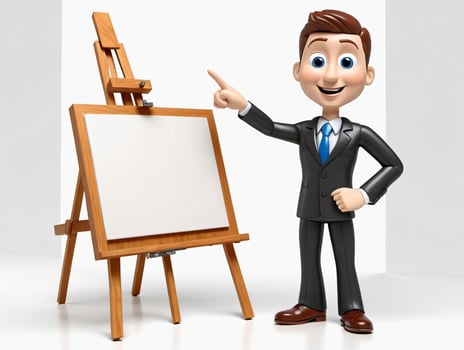 A 3D Man In A Suit Pointing At A Whiteboard. AI Generated photo