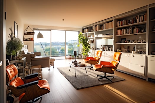Modern apartment interior in living design with working table and bookshelf. Luxury home scandinavian concept by AI Generated photo