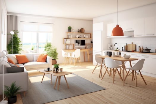 Modern apartment interior in living design with working table and bookshelf. Luxury home scandinavian concept by AI Generated photo