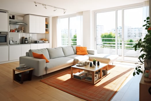 Modern apartment interior in living design with working table and bookshelf. Luxury home scandinavian concept by AI Generated photo