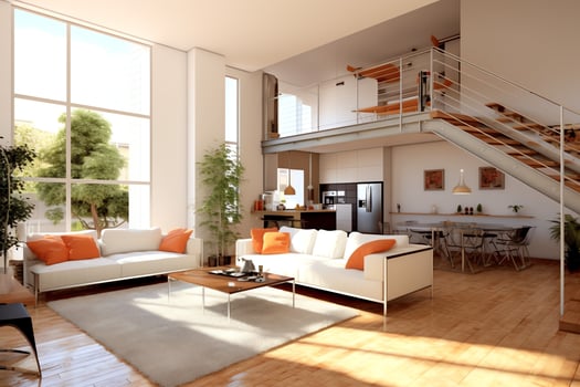 Modern apartment interior in living design with working table and bookshelf. Luxury home scandinavian concept by AI Generated photo