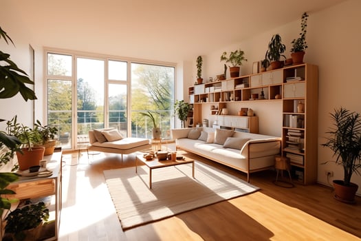 Modern apartment interior in living design with working table and bookshelf. Luxury home scandinavian concept by AI Generated photo